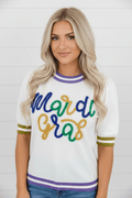 Mardi Gras Tinsel Lettering Short Sleeve Sweater - Rooted & Reckless Co.