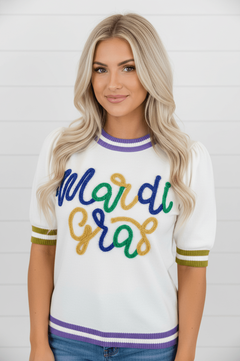 Mardi Gras Tinsel Lettering Short Sleeve Sweater - Rooted & Reckless Co.