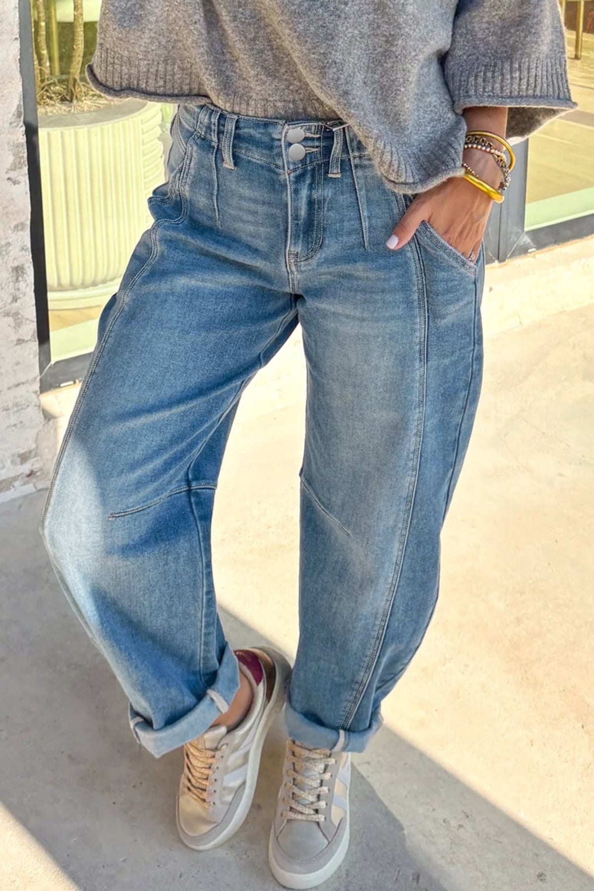 Medium Wash Denim High Waist Barrel Leg Jeans - Rooted & Reckless Co.