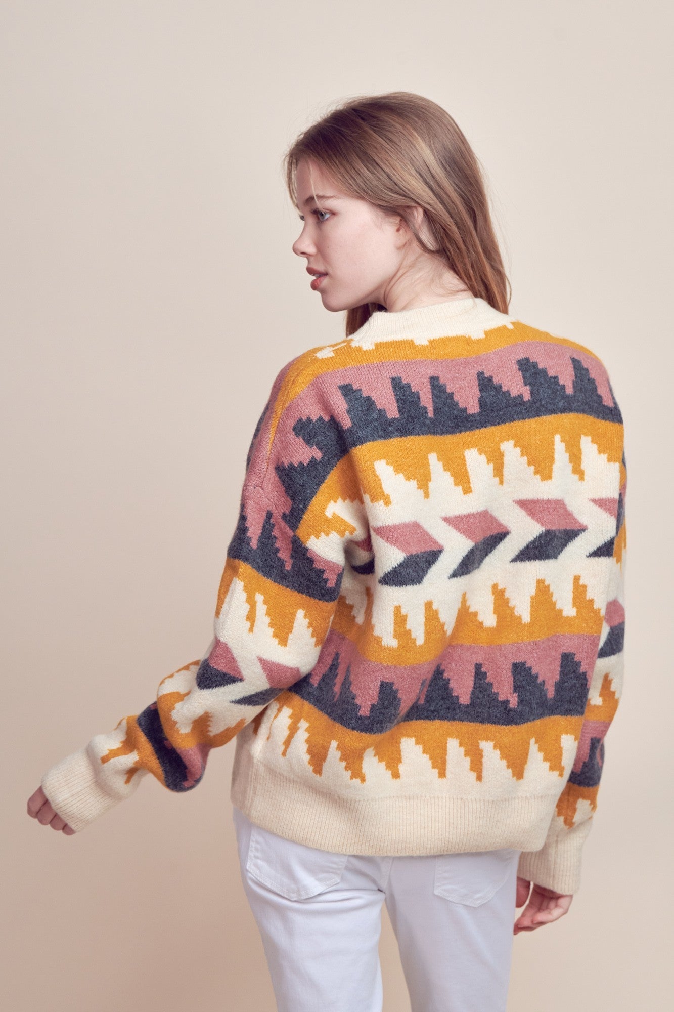 &Merci Geometric Fair Isle Western Sweater — Crew Neck in Cream, Indigo, Mauve & Mustard Mid-Weight Knit - Rooted & Reckless Co.