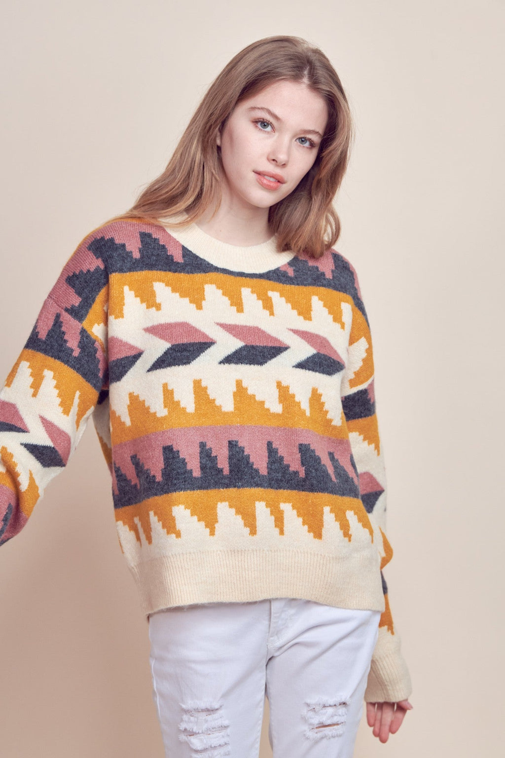 &Merci Geometric Fair Isle Western Sweater — Crew Neck in Cream, Indigo, Mauve & Mustard Mid-Weight Knit - Rooted & Reckless Co.