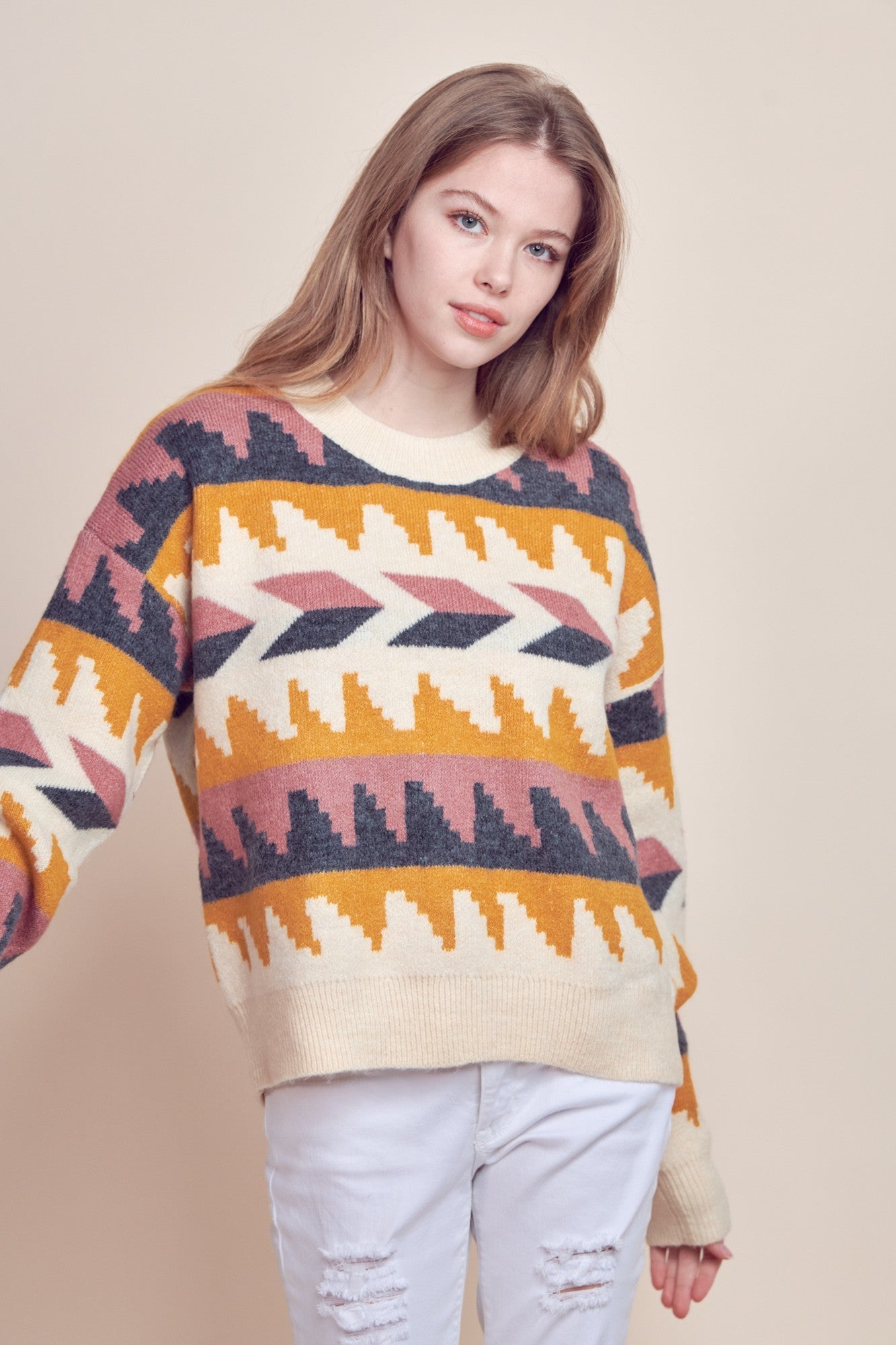 &Merci Geometric Fair Isle Western Sweater — Crew Neck in Cream, Indigo, Mauve & Mustard Mid-Weight Knit - Rooted & Reckless Co.