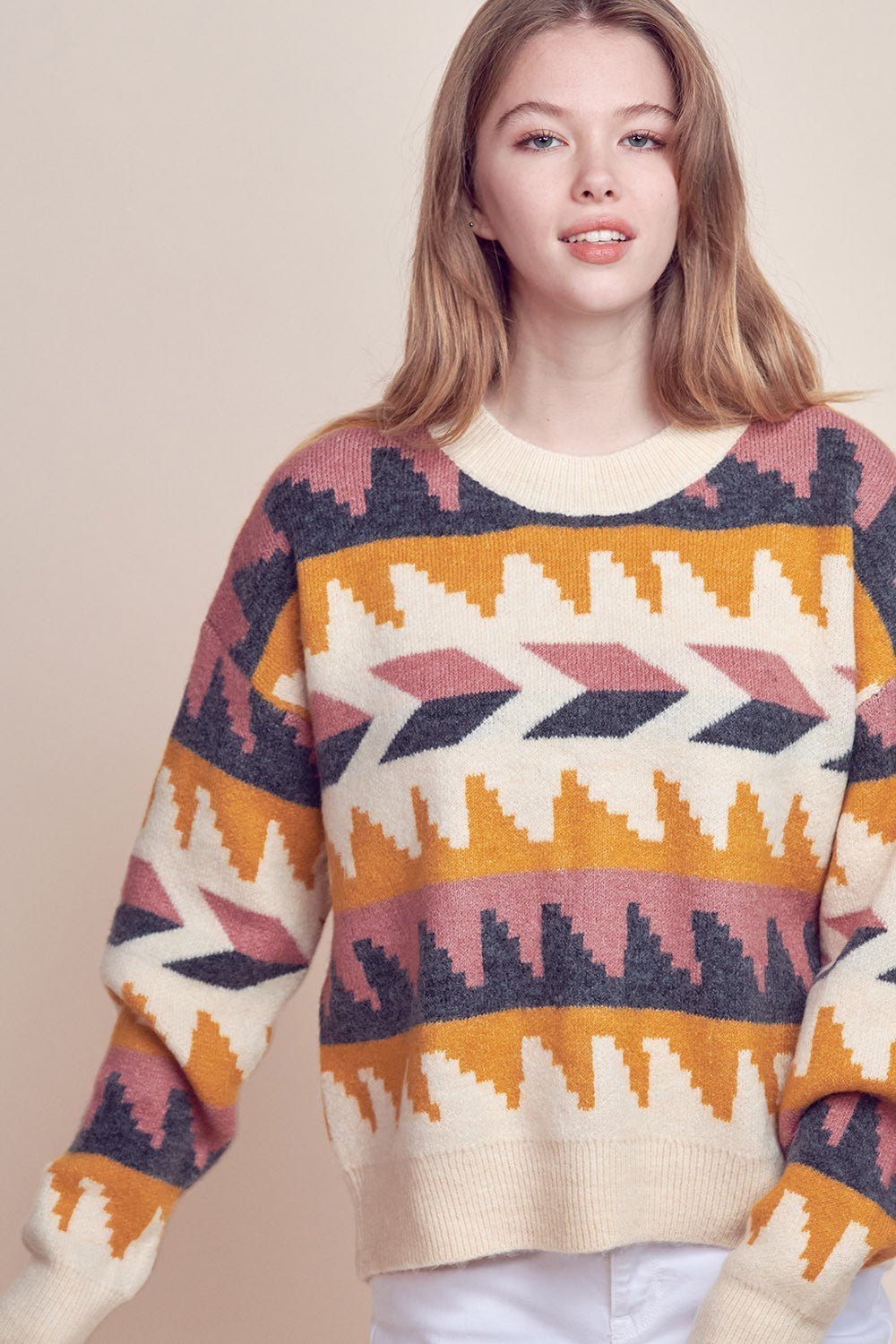 &Merci Geometric Fair Isle Western Sweater — Crew Neck in Cream, Indigo, Mauve & Mustard Mid-Weight Knit - Rooted & Reckless Co.
