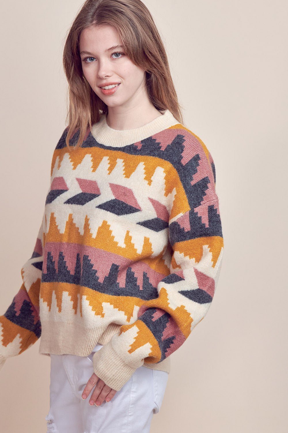 &Merci Geometric Fair Isle Western Sweater — Crew Neck in Cream, Indigo, Mauve & Mustard Mid-Weight Knit - Rooted & Reckless Co.