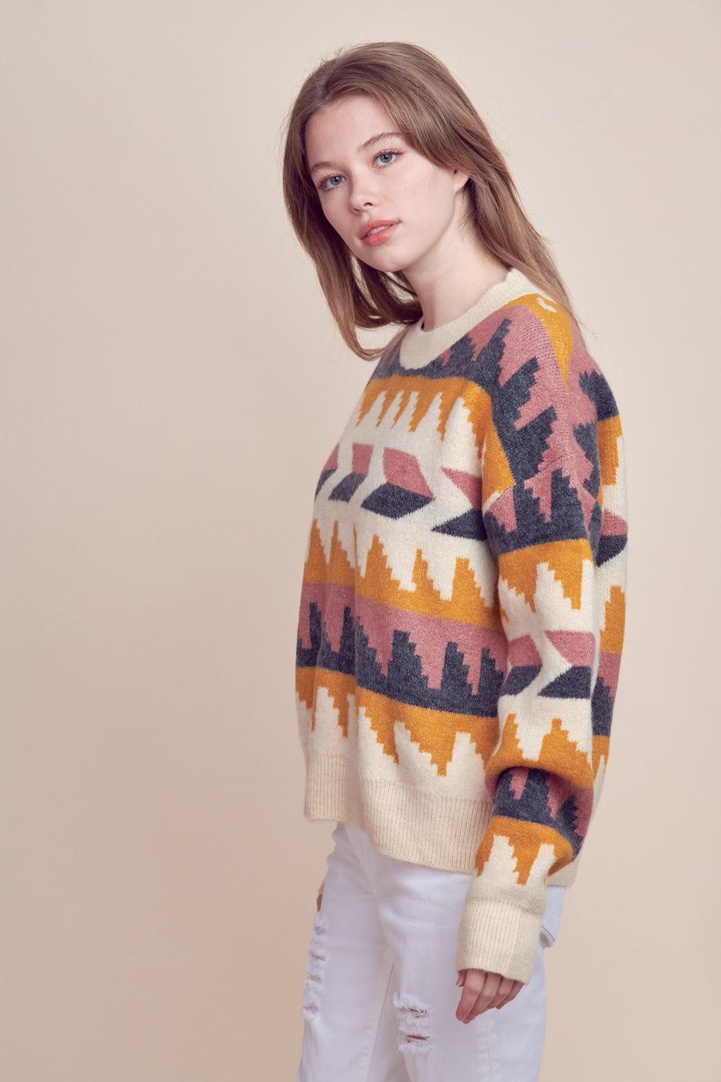 &Merci Geometric Fair Isle Western Sweater — Crew Neck in Cream, Indigo, Mauve & Mustard Mid-Weight Knit - Rooted & Reckless Co.