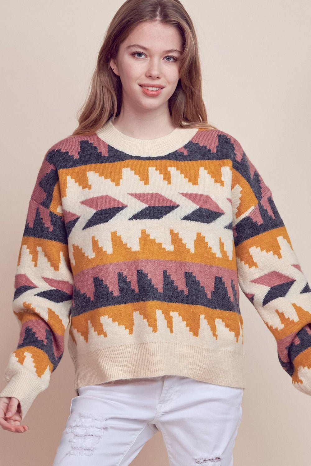 &Merci Geometric Fair Isle Western Sweater — Crew Neck in Cream, Indigo, Mauve & Mustard Mid-Weight Knit - Rooted & Reckless Co.
