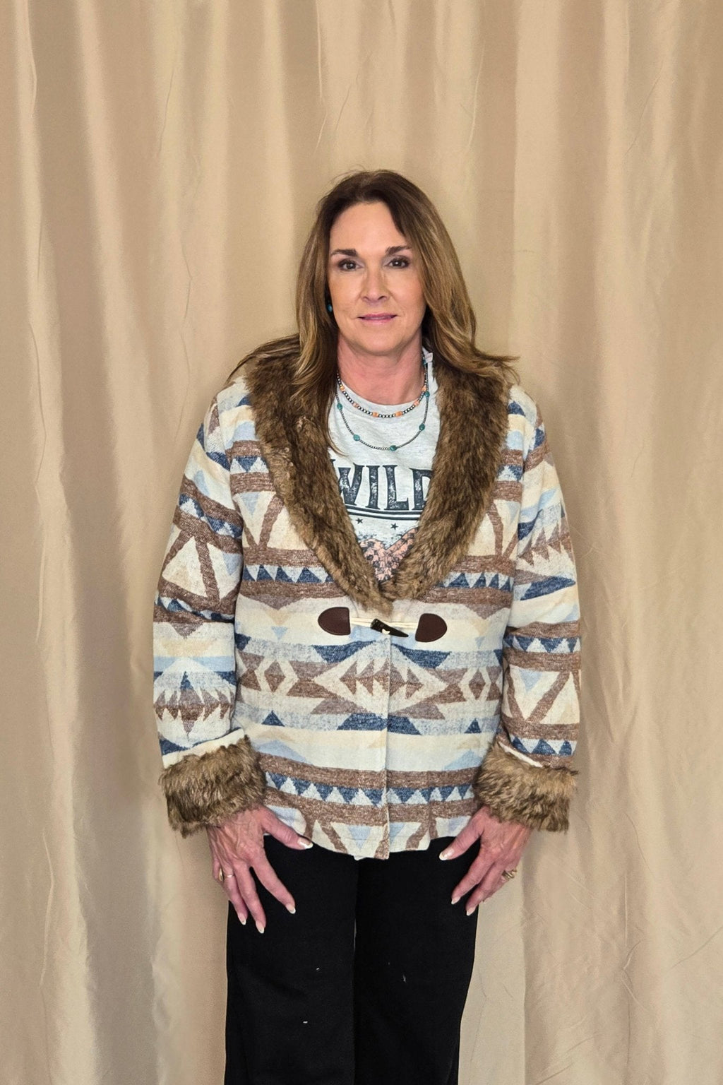 Merigold Kiss "Belle of the West" Southwest-Inspired Fur-Trimmed Western Coat — Faux Fur Lapel with Horn & Loop Closure (medium remains) - Rooted & Reckless Co.