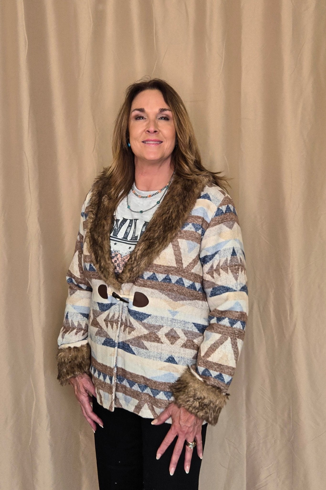 Merigold Kiss "Belle of the West" Southwest-Inspired Fur-Trimmed Western Coat — Faux Fur Lapel with Horn & Loop Closure (medium remains) - Rooted & Reckless Co.