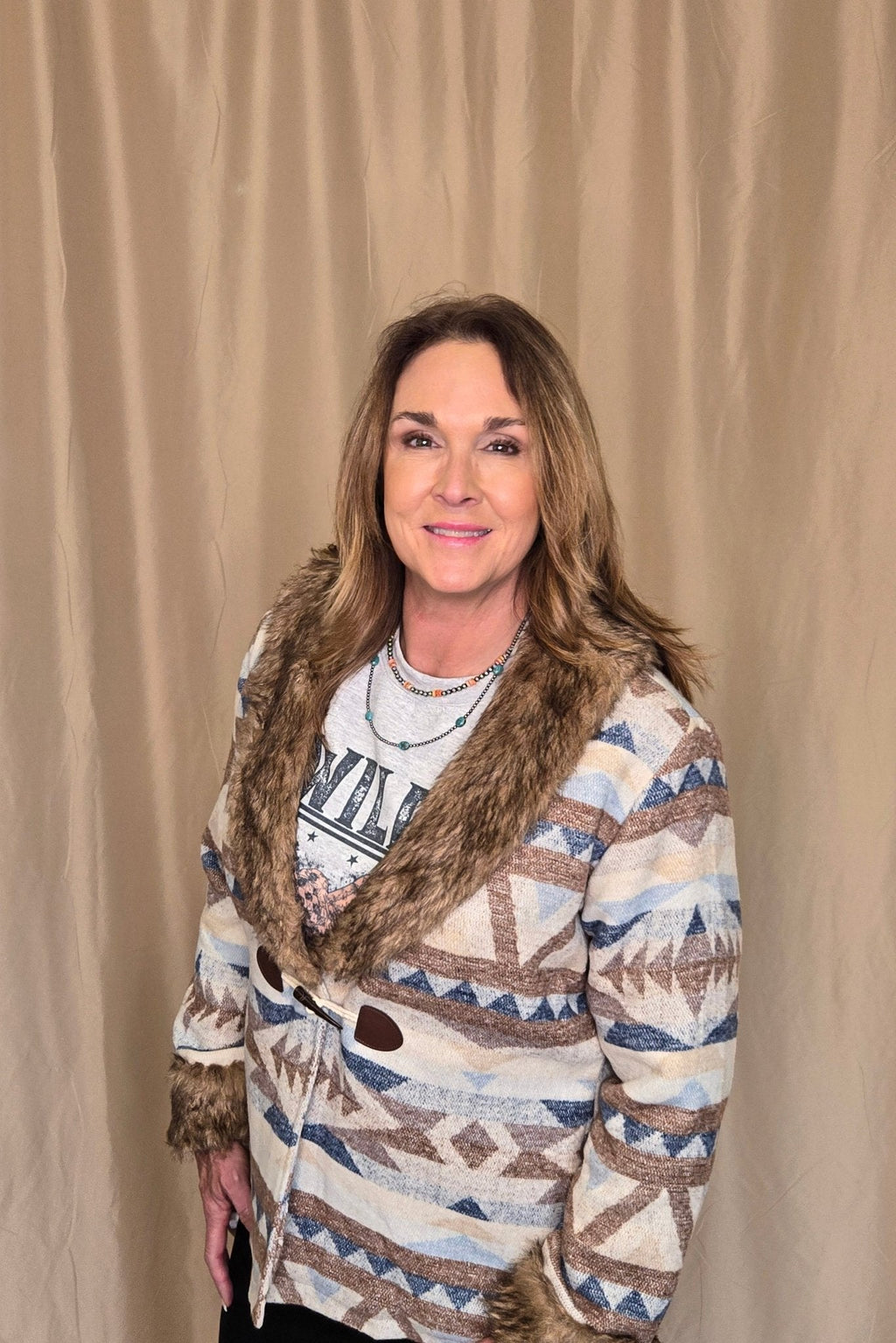 Merigold Kiss "Belle of the West" Southwest-Inspired Fur-Trimmed Western Coat — Faux Fur Lapel with Horn & Loop Closure (medium remains) - Rooted & Reckless Co.