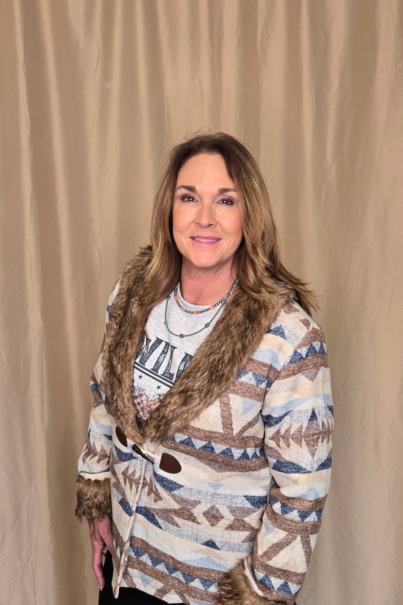 Merigold Kiss "Belle of the West" Southwest-Inspired Fur-Trimmed Western Coat — Faux Fur Lapel with Horn & Loop Closure (medium remains) - Rooted & Reckless Co.