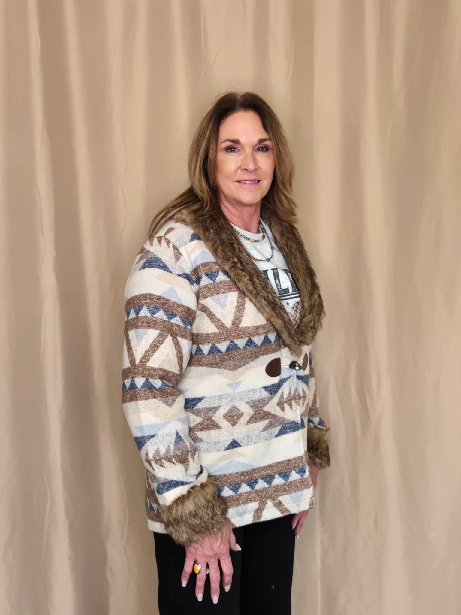 Merigold Kiss "Belle of the West" Southwest-Inspired Fur-Trimmed Western Coat — Faux Fur Lapel with Horn & Loop Closure (medium remains) - Rooted & Reckless Co.