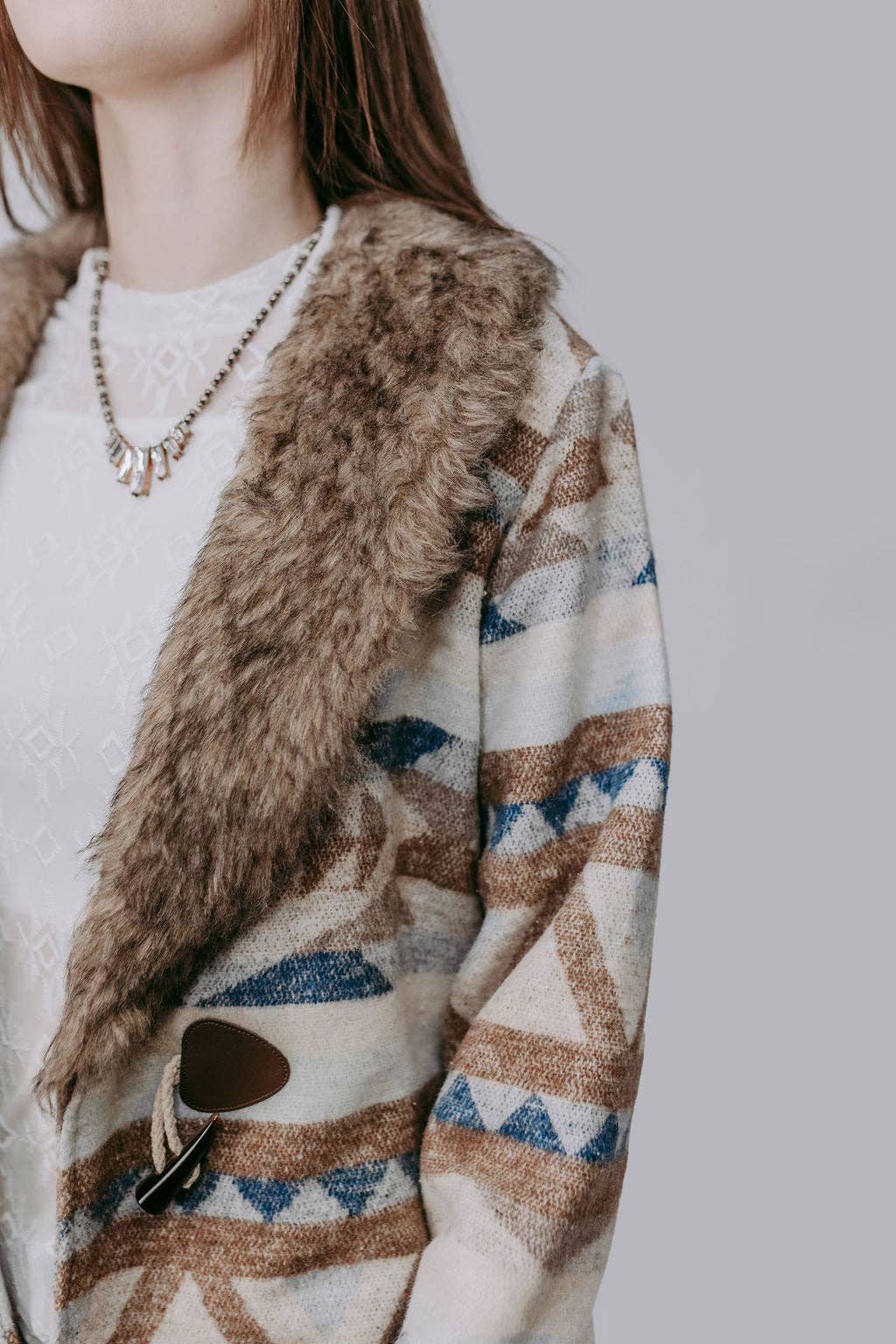Merigold Kiss "Belle of the West" Southwest-Inspired Fur-Trimmed Western Coat — Faux Fur Lapel with Horn & Loop Closure (medium remains) - Rooted & Reckless Co.