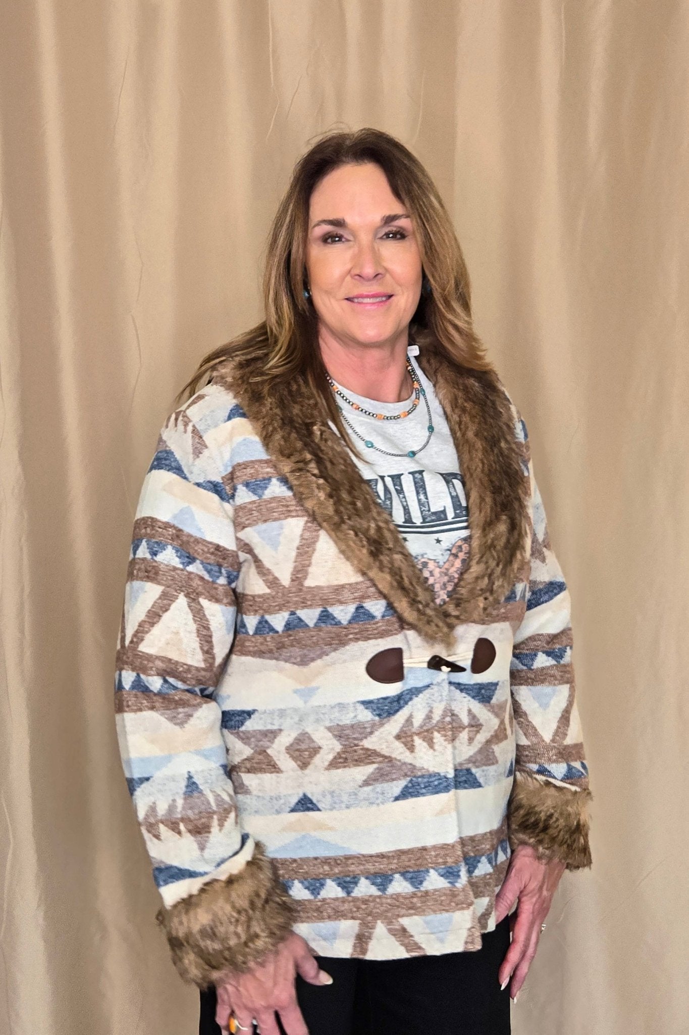 Merigold Kiss "Belle of the West" Southwest-Inspired Fur-Trimmed Western Coat — Faux Fur Lapel with Horn & Loop Closure (medium remains) - Rooted & Reckless Co.