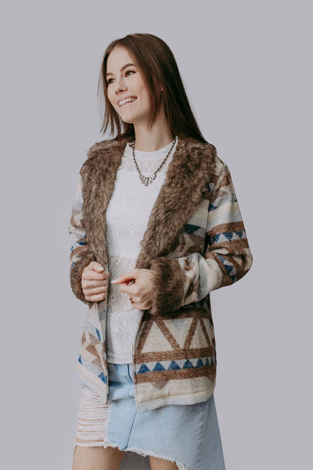 Merigold Kiss "Belle of the West" Southwest-Inspired Fur-Trimmed Western Coat — Faux Fur Lapel with Horn & Loop Closure (medium remains) - Rooted & Reckless Co.