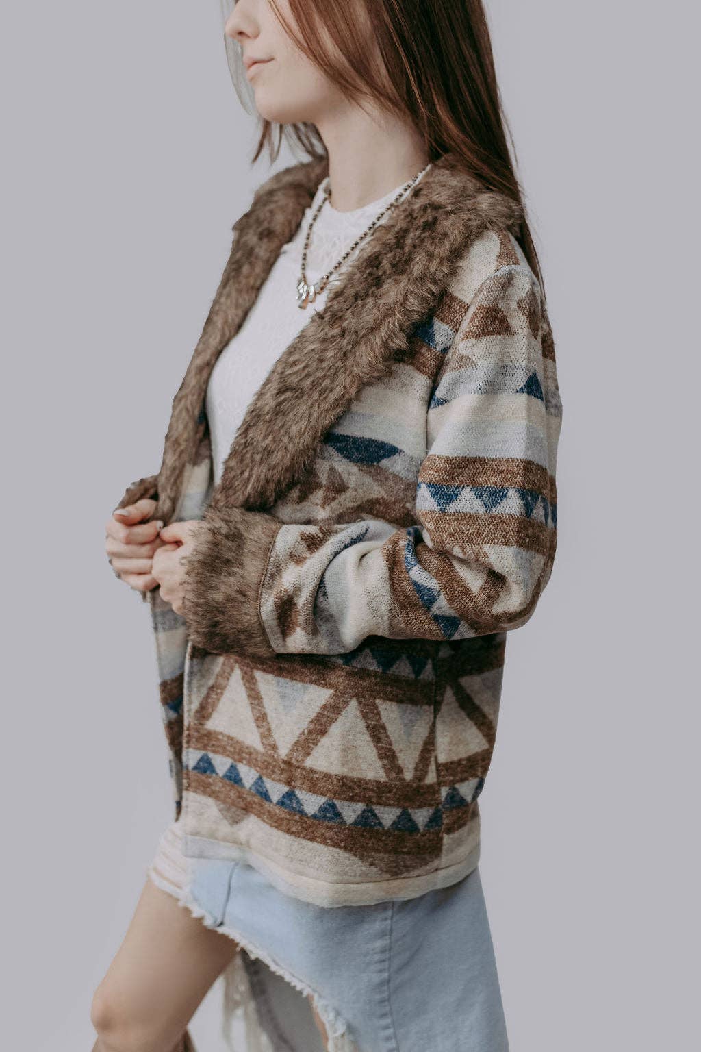 Merigold Kiss "Belle of the West" Southwest-Inspired Fur-Trimmed Western Coat — Faux Fur Lapel with Horn & Loop Closure (medium remains) - Rooted & Reckless Co.