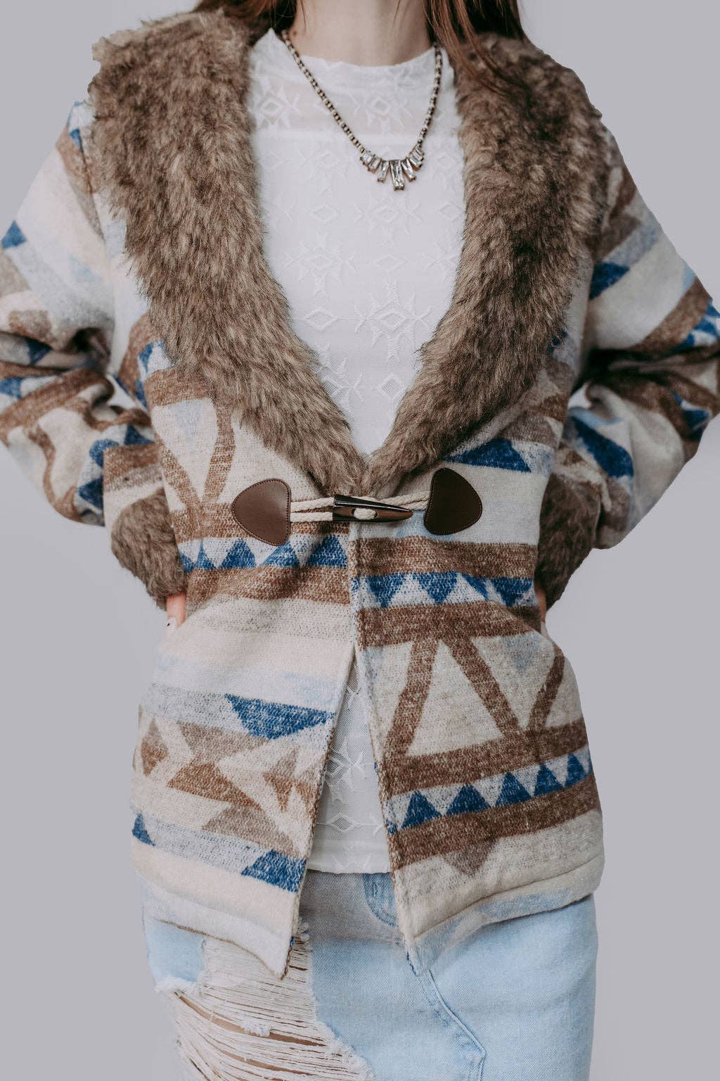 Merigold Kiss "Belle of the West" Southwest-Inspired Fur-Trimmed Western Coat — Faux Fur Lapel with Horn & Loop Closure (medium remains) - Rooted & Reckless Co.