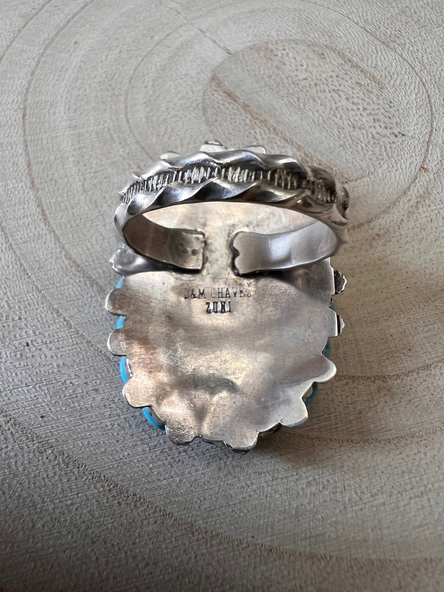 Merlinda Chavez Zuni Sterling Silver Statement Ring with Turquoise — Size 9 (Hallmark "D&M Chavez, Zuni") - Rooted & Reckless Co.