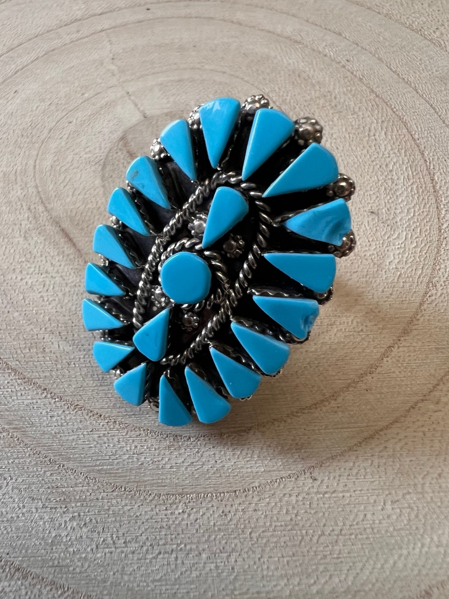 Merlinda Chavez Zuni Sterling Silver Statement Ring with Turquoise — Size 9 (Hallmark "D&M Chavez, Zuni") - Rooted & Reckless Co.