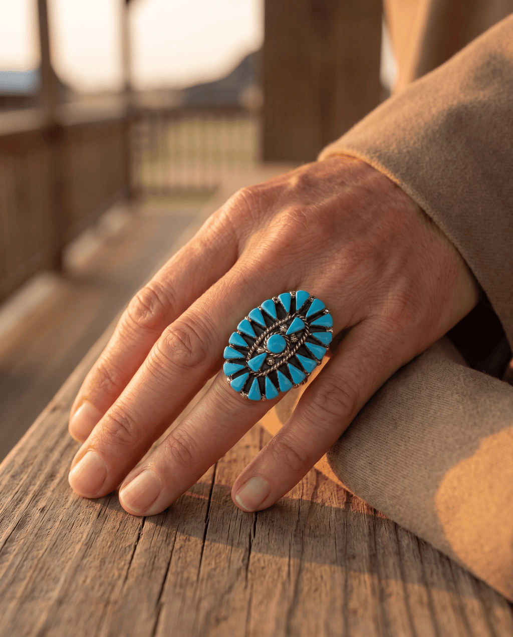 Merlinda Chavez Zuni Sterling Silver Statement Ring with Turquoise — Size 9 (Hallmark "D&M Chavez, Zuni") - Rooted & Reckless Co.
