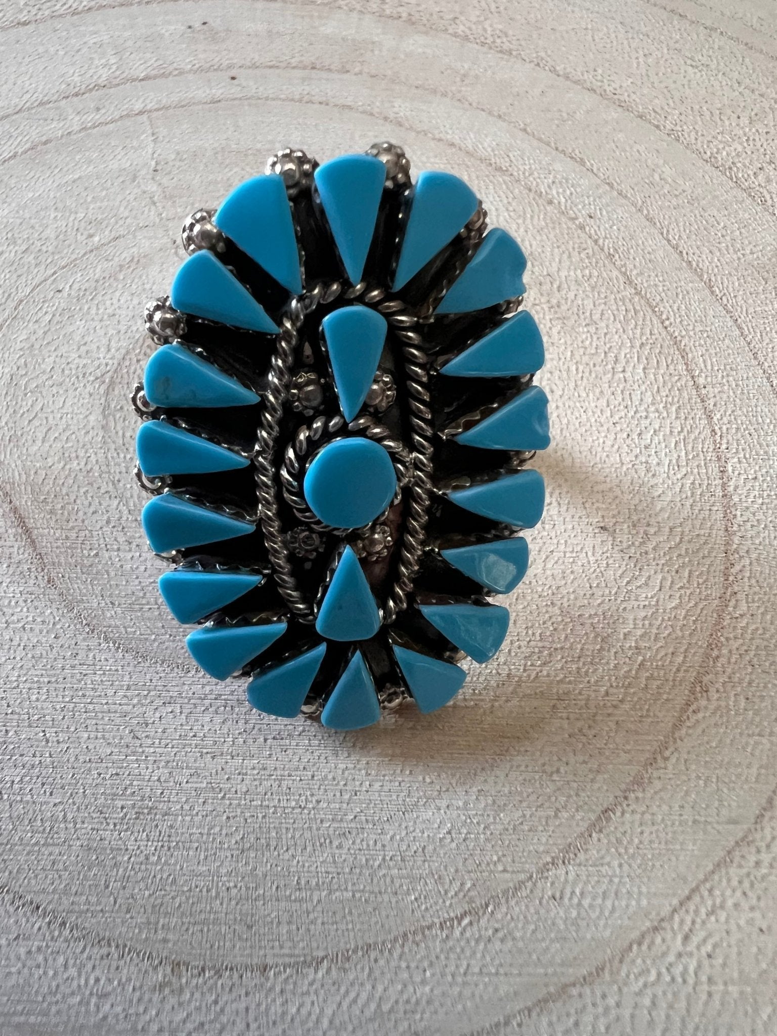 Merlinda Chavez Zuni Sterling Silver Statement Ring with Turquoise — Size 9 (Hallmark "D&M Chavez, Zuni") - Rooted & Reckless Co.