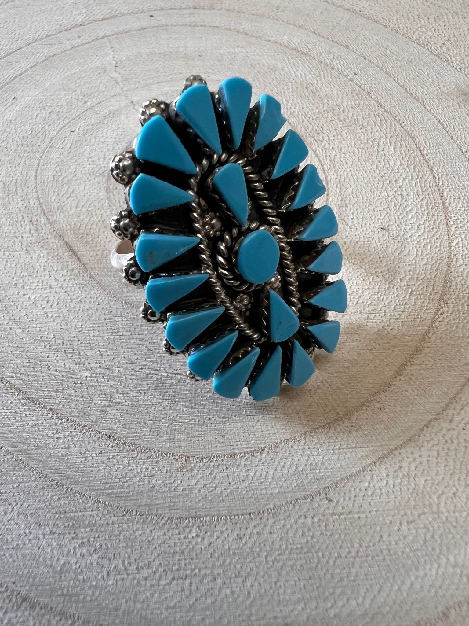 Merlinda Chavez Zuni Sterling Silver Statement Ring with Turquoise — Size 9 (Hallmark "D&M Chavez, Zuni") - Rooted & Reckless Co.