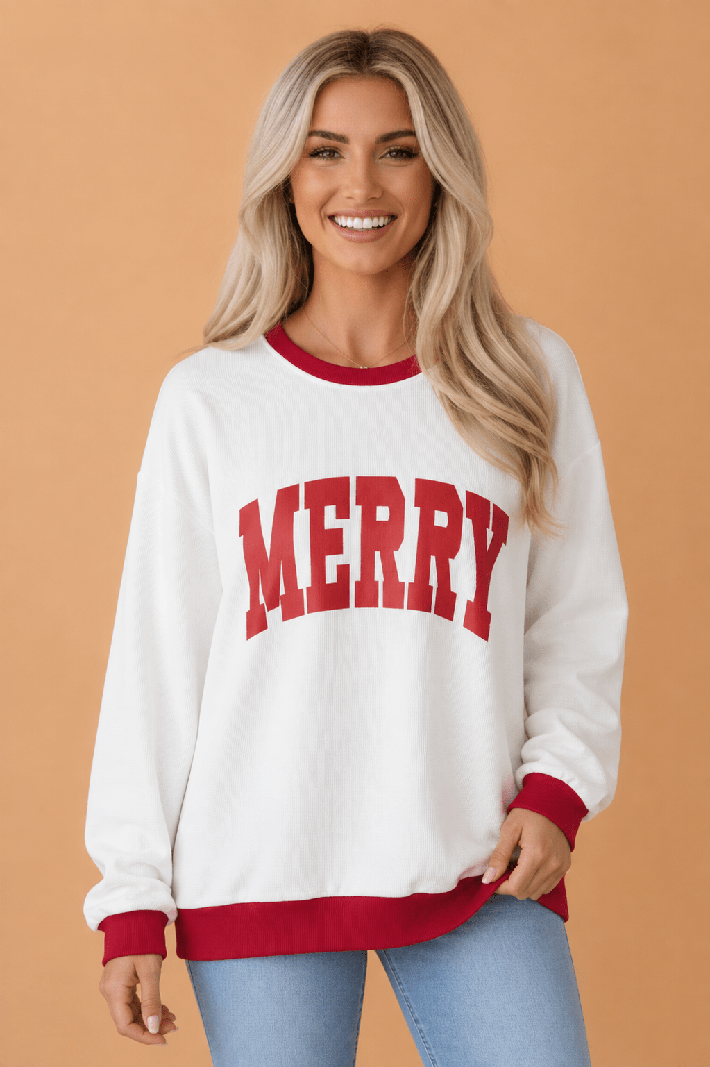Merry Colorblock Waffle Knit Christmas Sweatshirt - Rooted & Reckless Co.