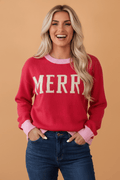MERRY Contrast Trim Drop Shoulder Christmas Sweater - Rooted & Reckless Co.