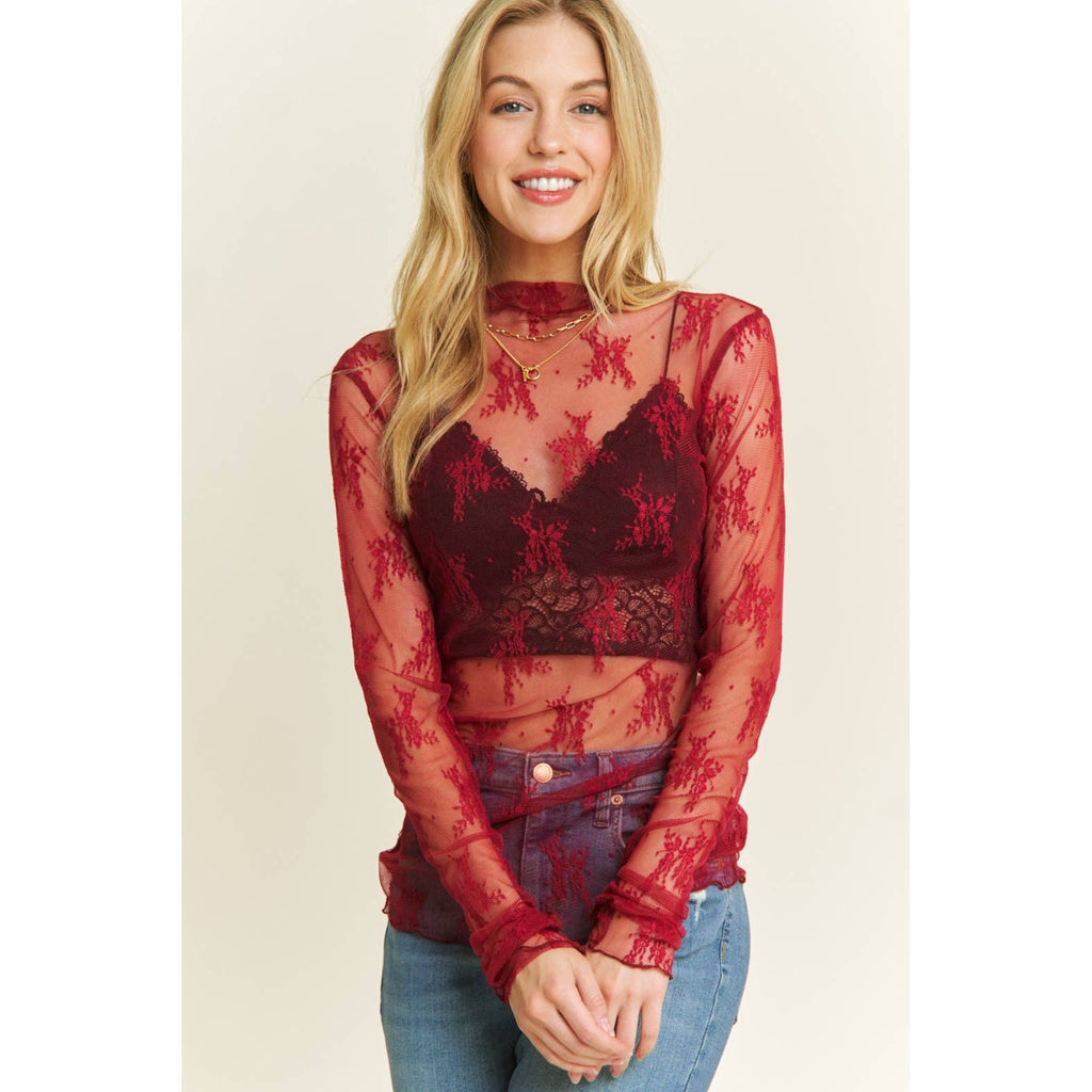 Mesh Lace High Neck Long Sleeve Fitted Top - Rooted & Reckless Co.