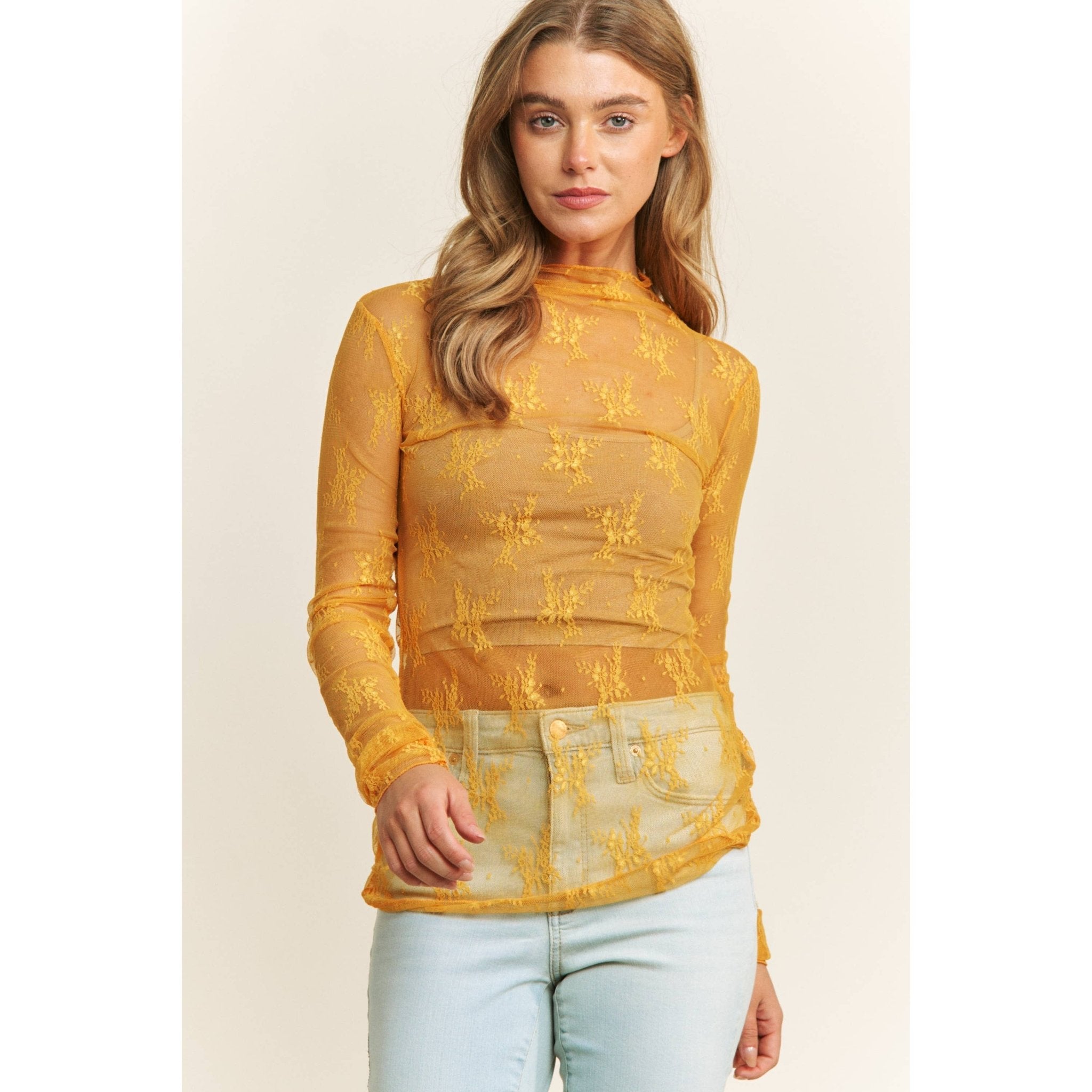 Mesh Lace High Neck Long Sleeve Fitted Top - Rooted & Reckless Co.