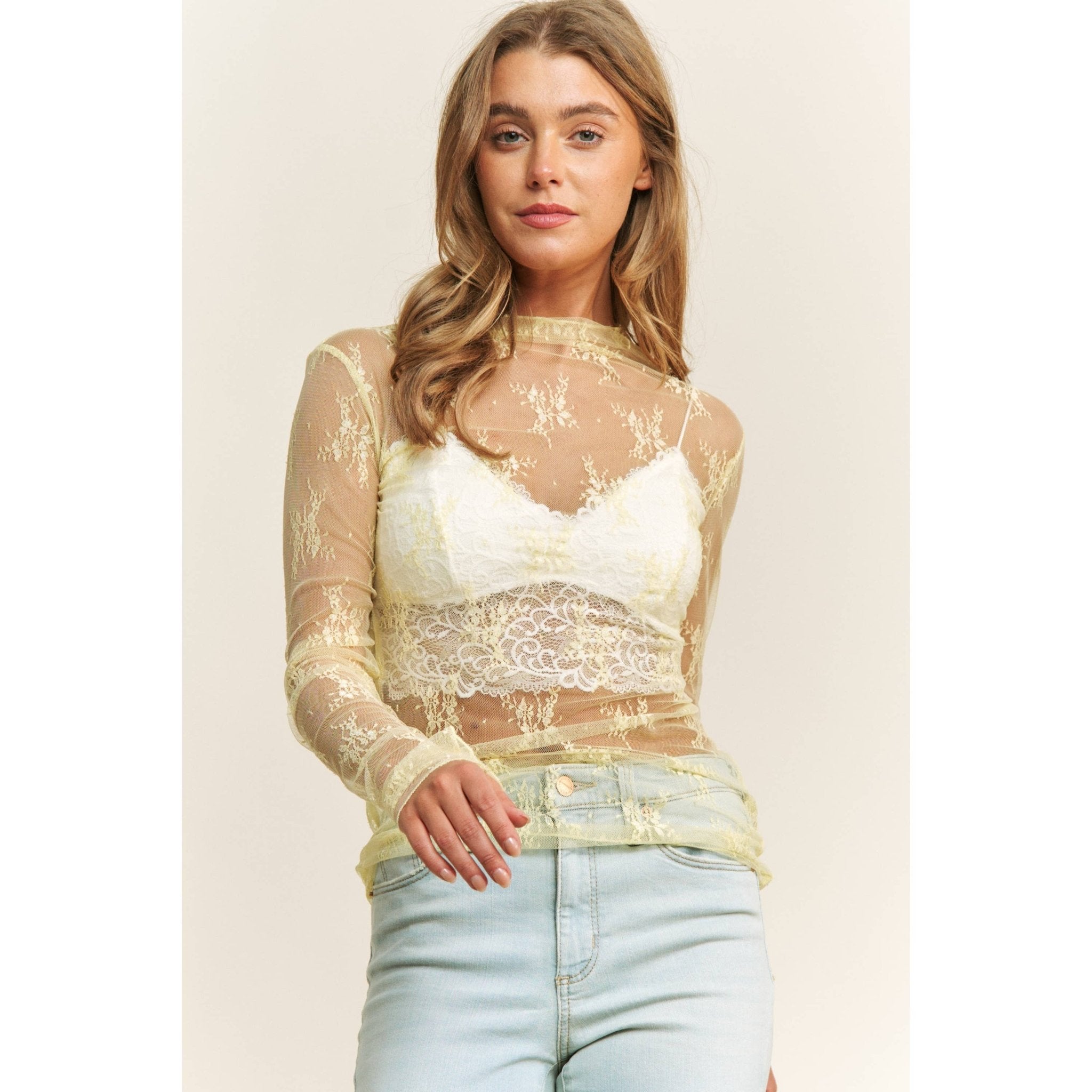 Mesh Lace High Neck Long Sleeve Fitted Top - Rooted & Reckless Co.