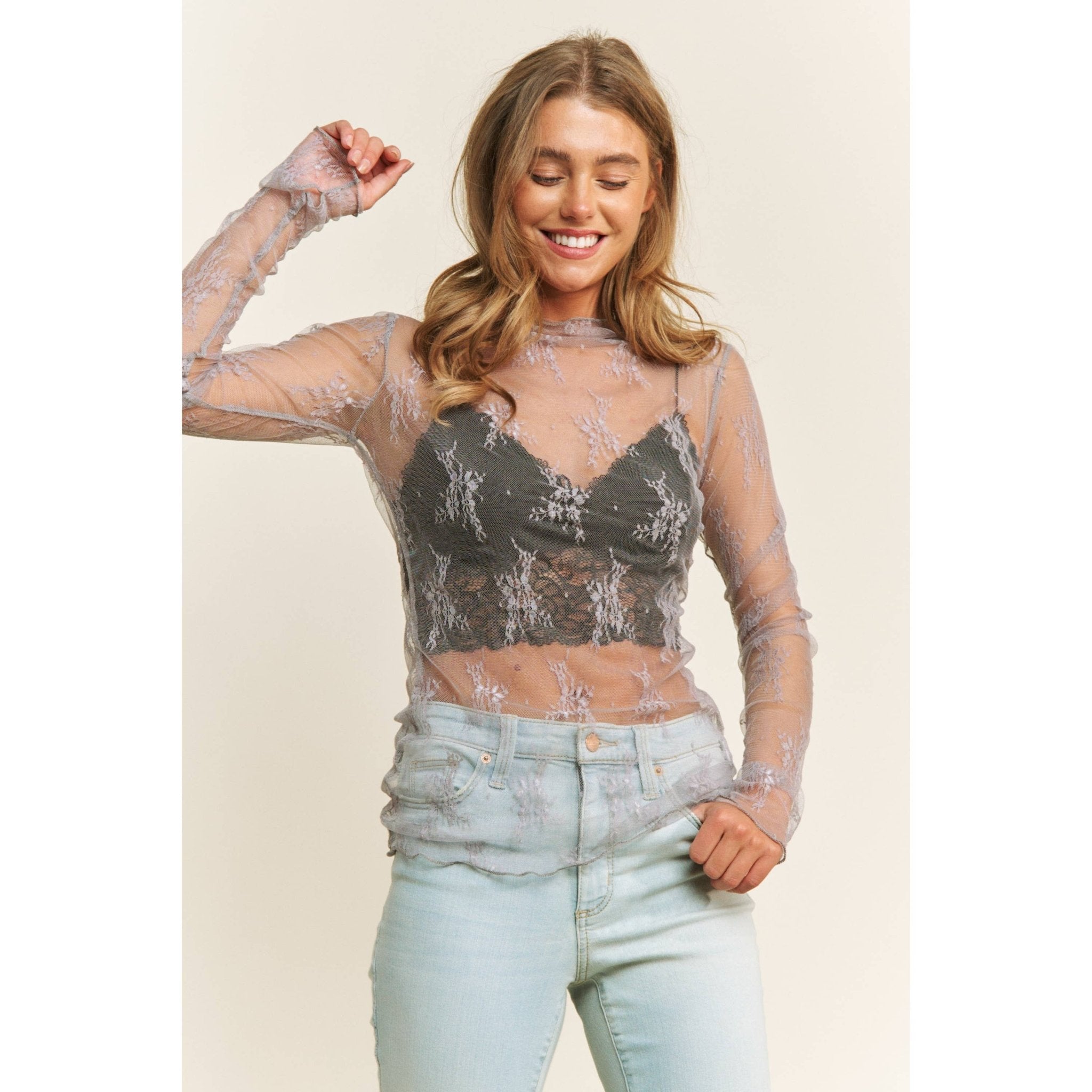 Mesh Lace High Neck Long Sleeve Fitted Top - Rooted & Reckless Co.