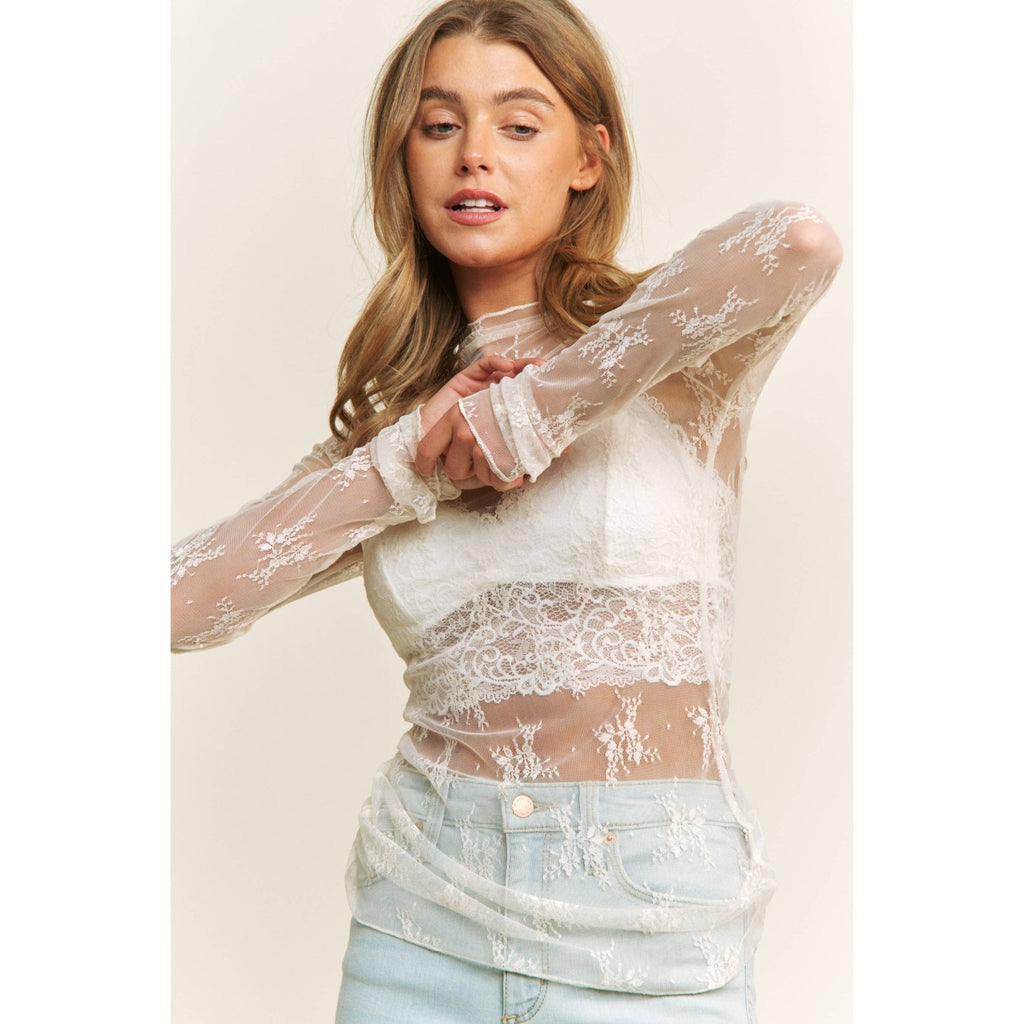 Mesh Lace High Neck Long Sleeve Fitted Top - Rooted & Reckless Co.