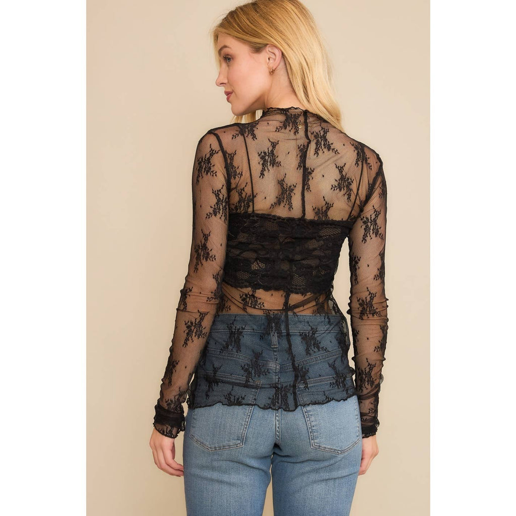 Mesh Lace High Neck Long Sleeve Fitted Top - Rooted & Reckless Co.