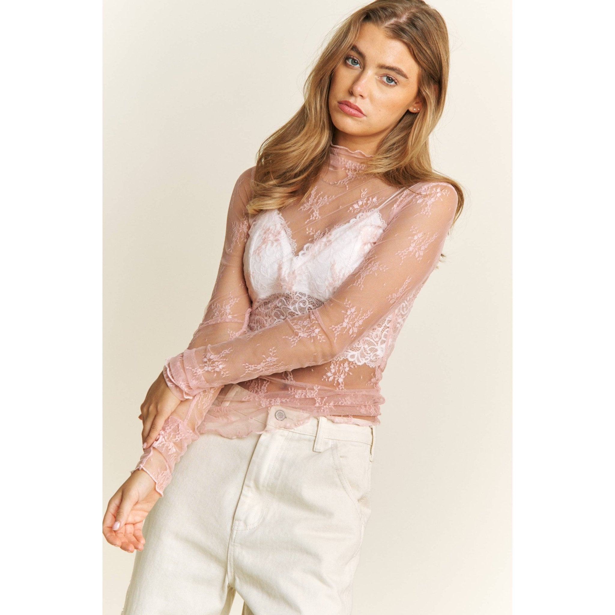 Mesh Lace High Neck Long Sleeve Fitted Top - Rooted & Reckless Co.
