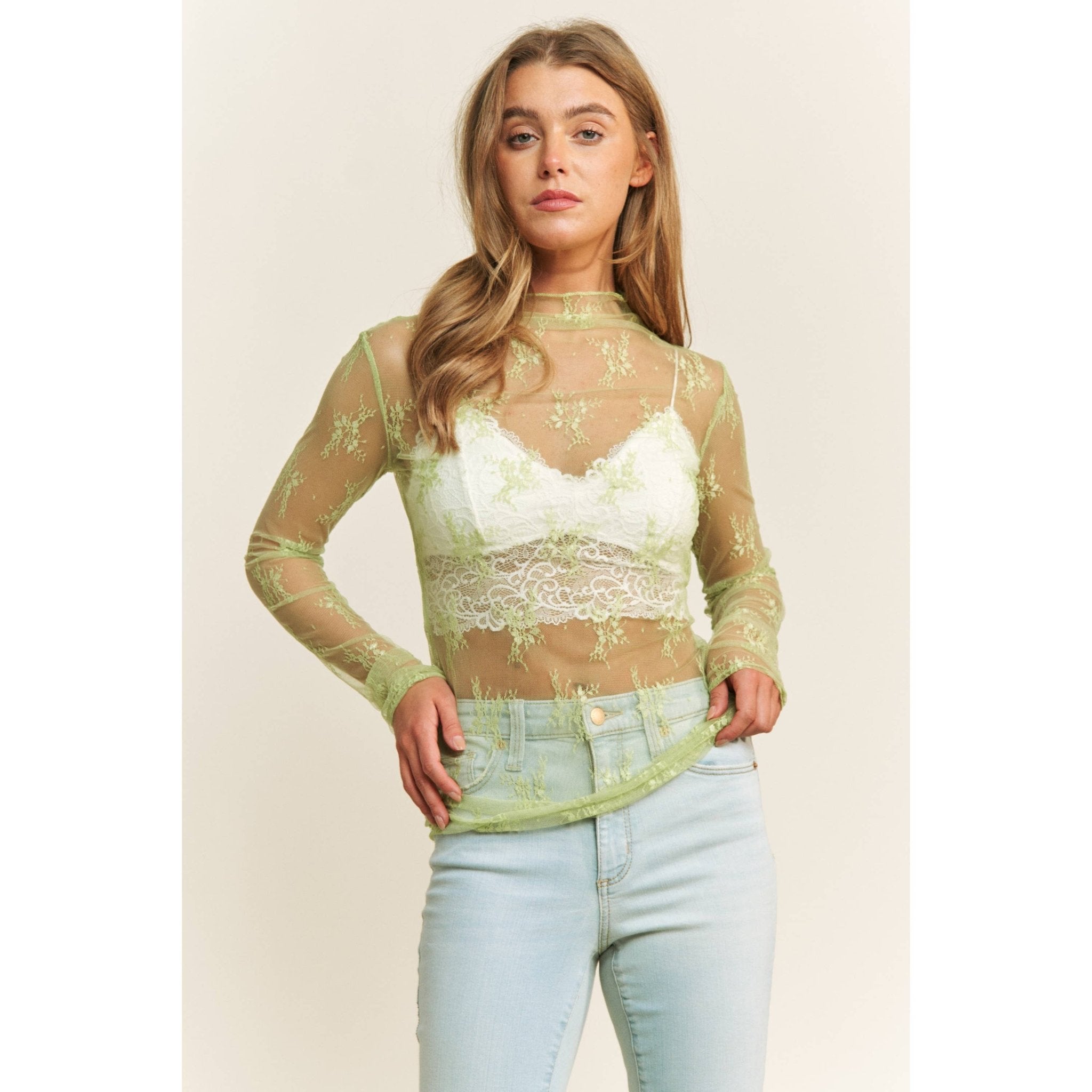 Mesh Lace High Neck Long Sleeve Fitted Top - Rooted & Reckless Co.