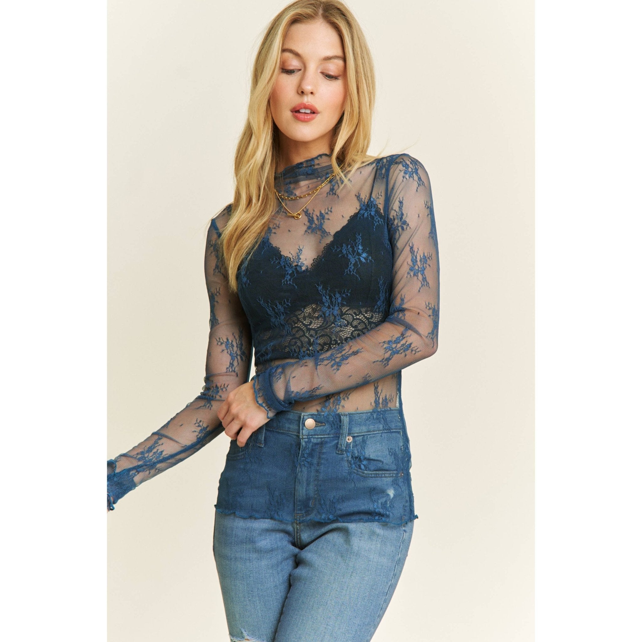 Mesh Lace High Neck Long Sleeve Fitted Top - Rooted & Reckless Co.