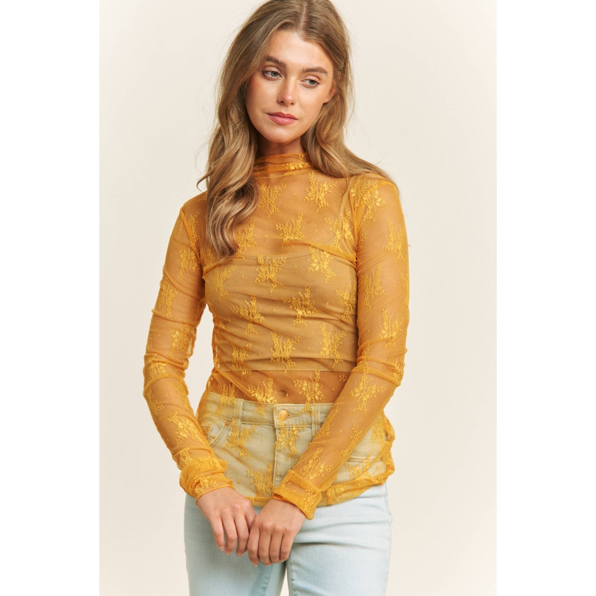Mesh Lace High Neck Long Sleeve Fitted Top - Rooted & Reckless Co.