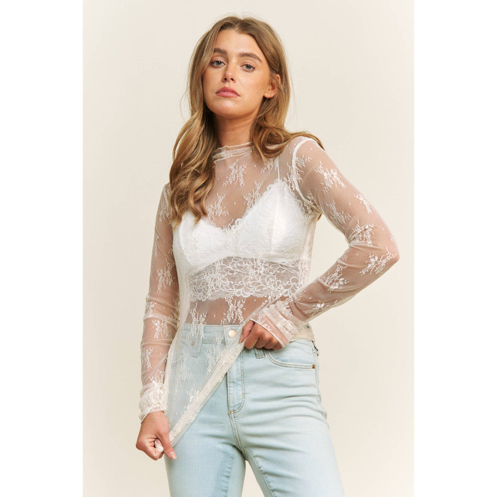 Mesh Lace High Neck Long Sleeve Fitted Top - Rooted & Reckless Co.