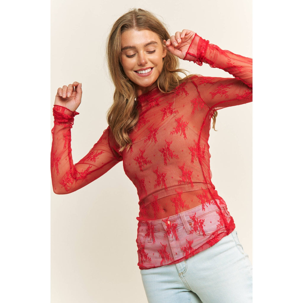 Mesh Lace High Neck Long Sleeve Fitted Top - Rooted & Reckless Co.