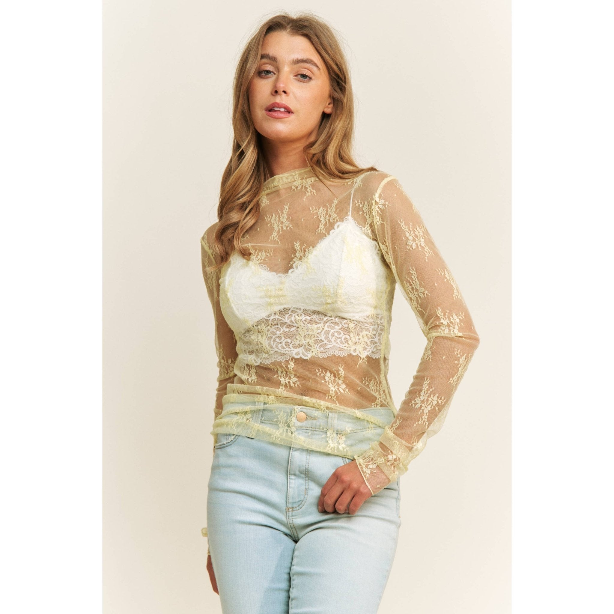 Mesh Lace High Neck Long Sleeve Fitted Top - Rooted & Reckless Co.
