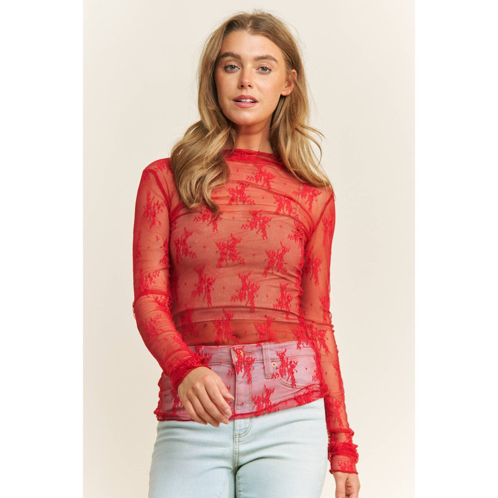 Mesh Lace High Neck Long Sleeve Fitted Top - Rooted & Reckless Co.