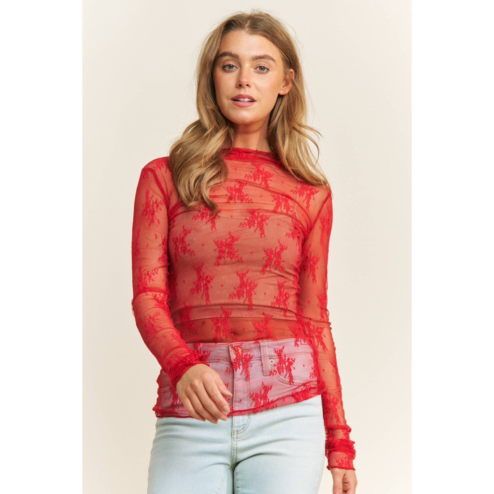 Mesh Lace High Neck Long Sleeve Fitted Top - Rooted & Reckless Co.