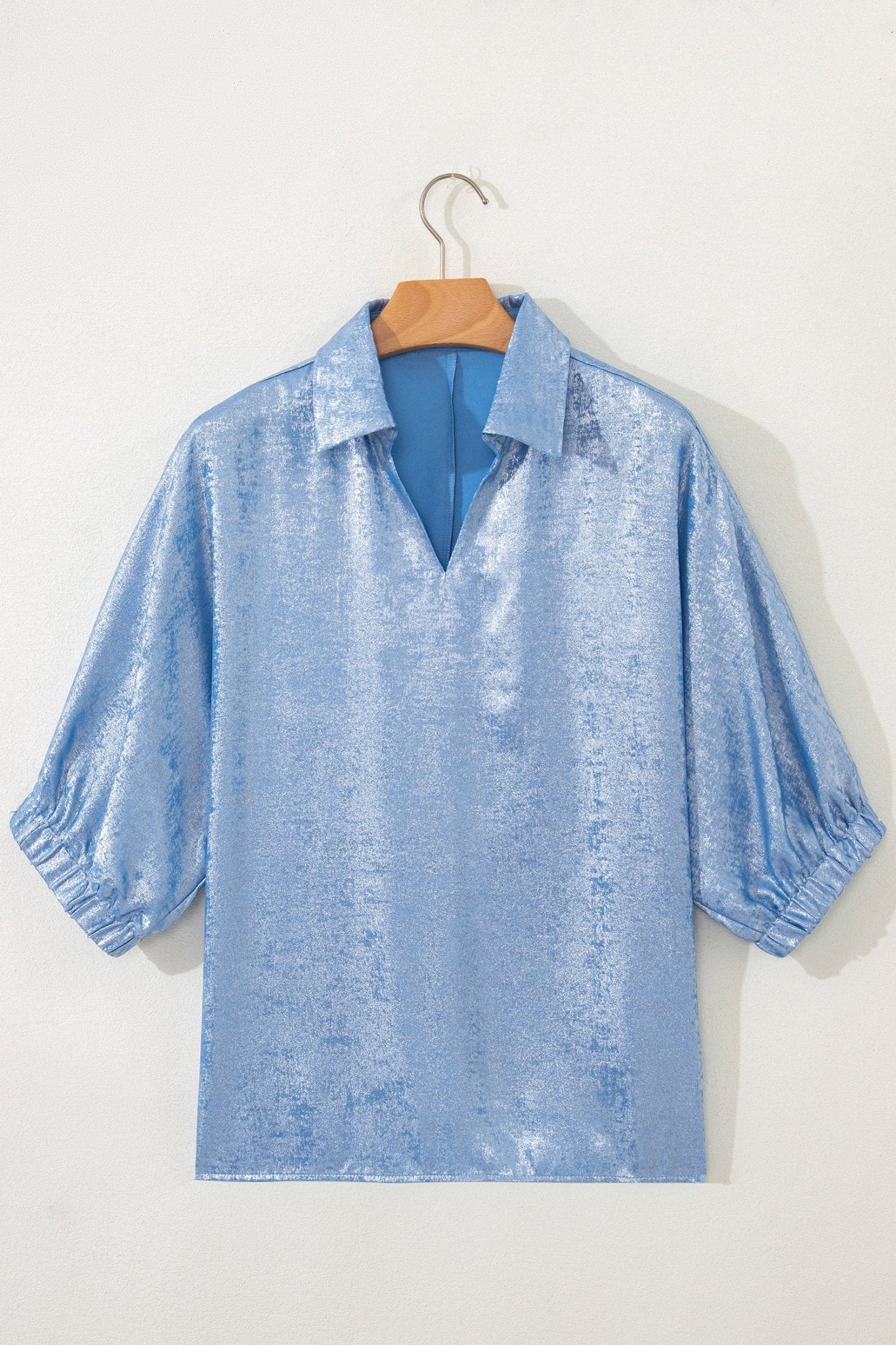 Metallic Collared V-Neck 3/4 Sleeve Top - Rooted & Reckless Co.
