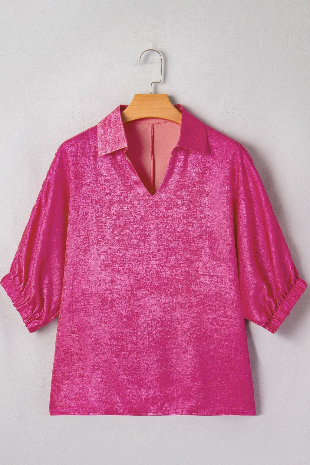 Metallic Collared V-Neck 3/4 Sleeve Top - Rooted & Reckless Co.