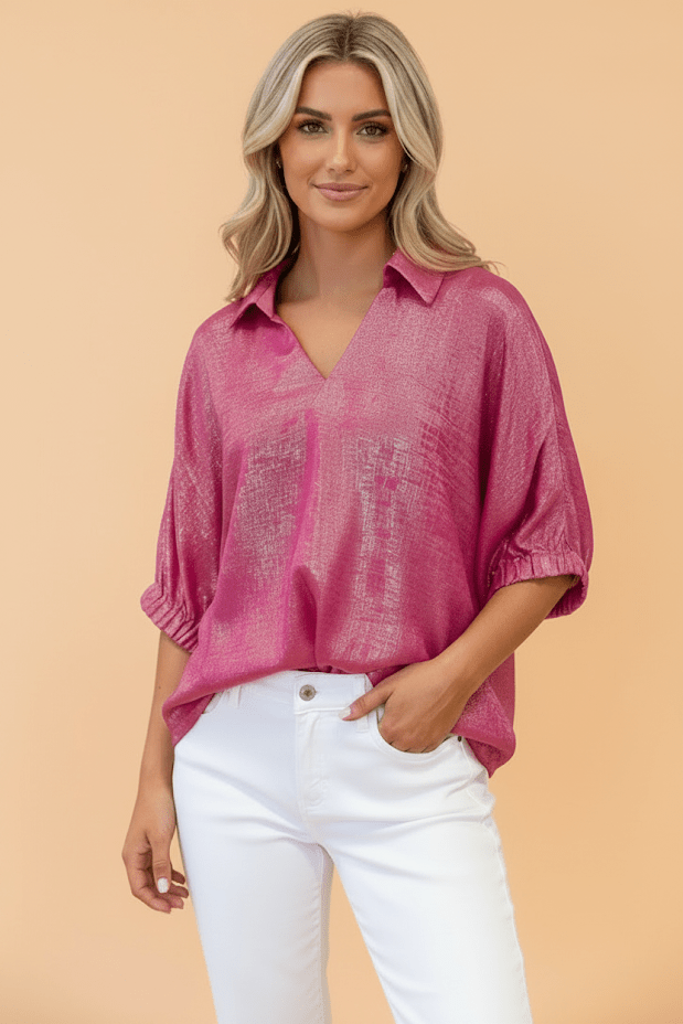 Metallic Collared V-Neck 3/4 Sleeve Top - Rooted & Reckless Co.