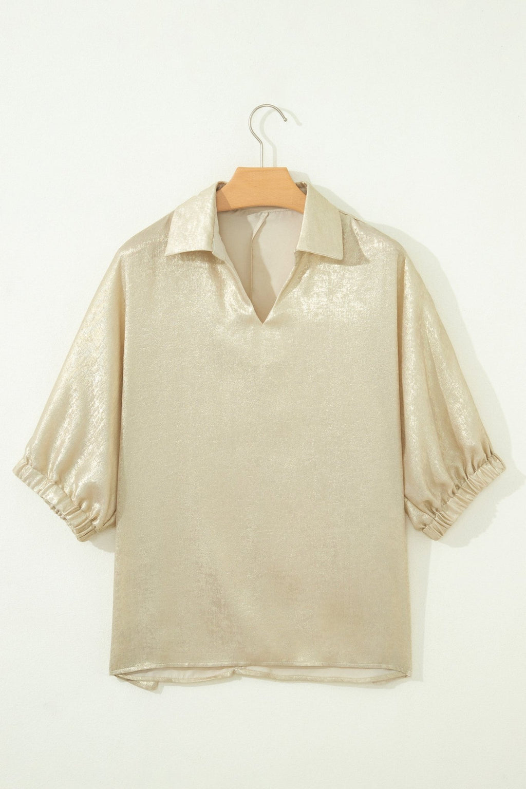 Metallic Collared V-Neck 3/4 Sleeve Top - Rooted & Reckless Co.