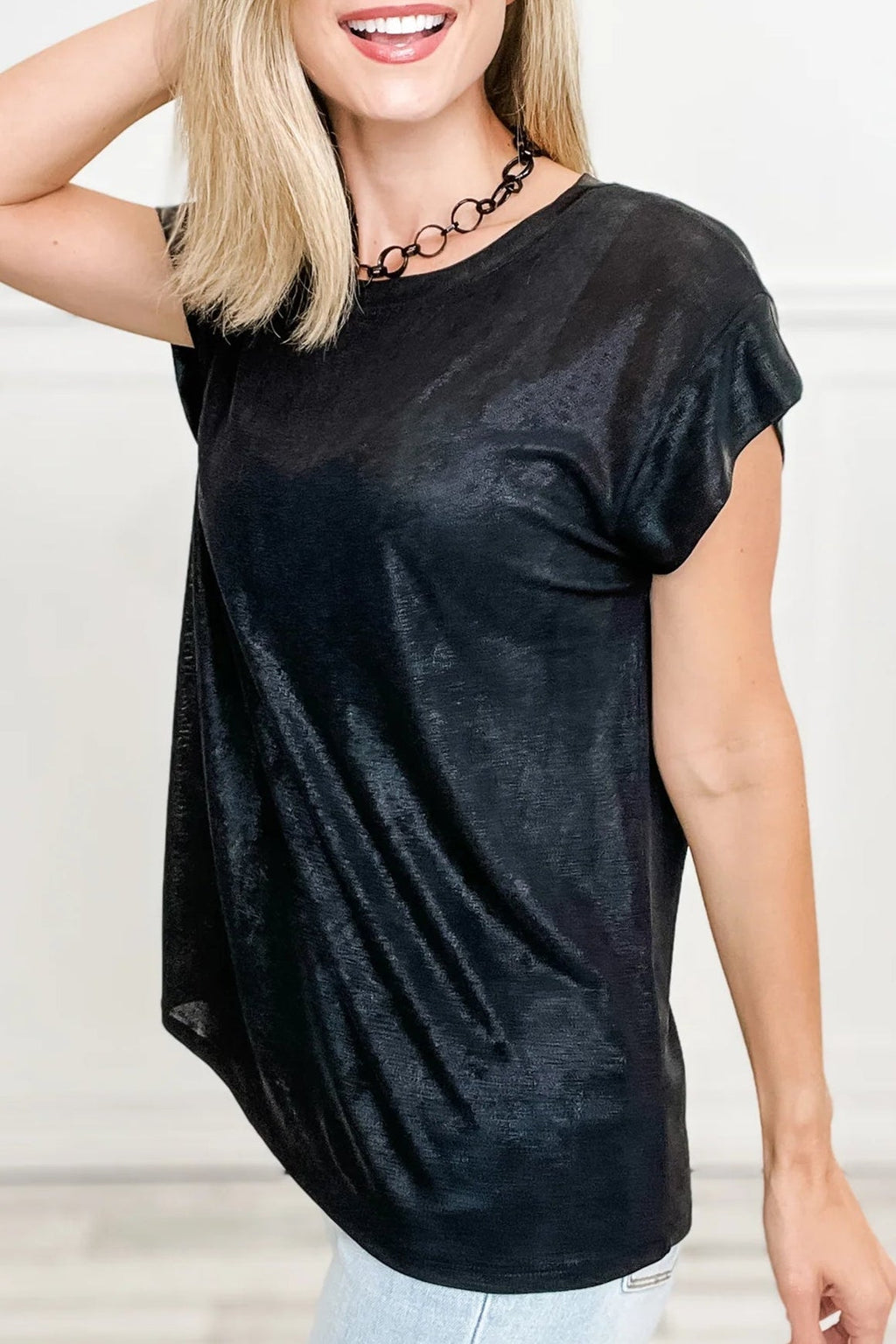 Metallic Round Neck Cap Sleeve Tee - Rooted & Reckless Co.