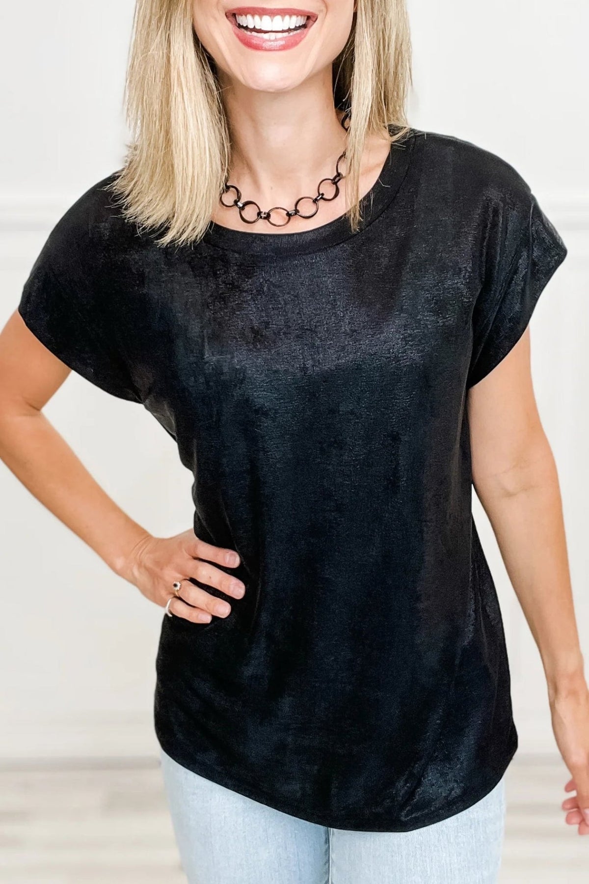 Metallic Round Neck Cap Sleeve Tee - Rooted & Reckless Co.