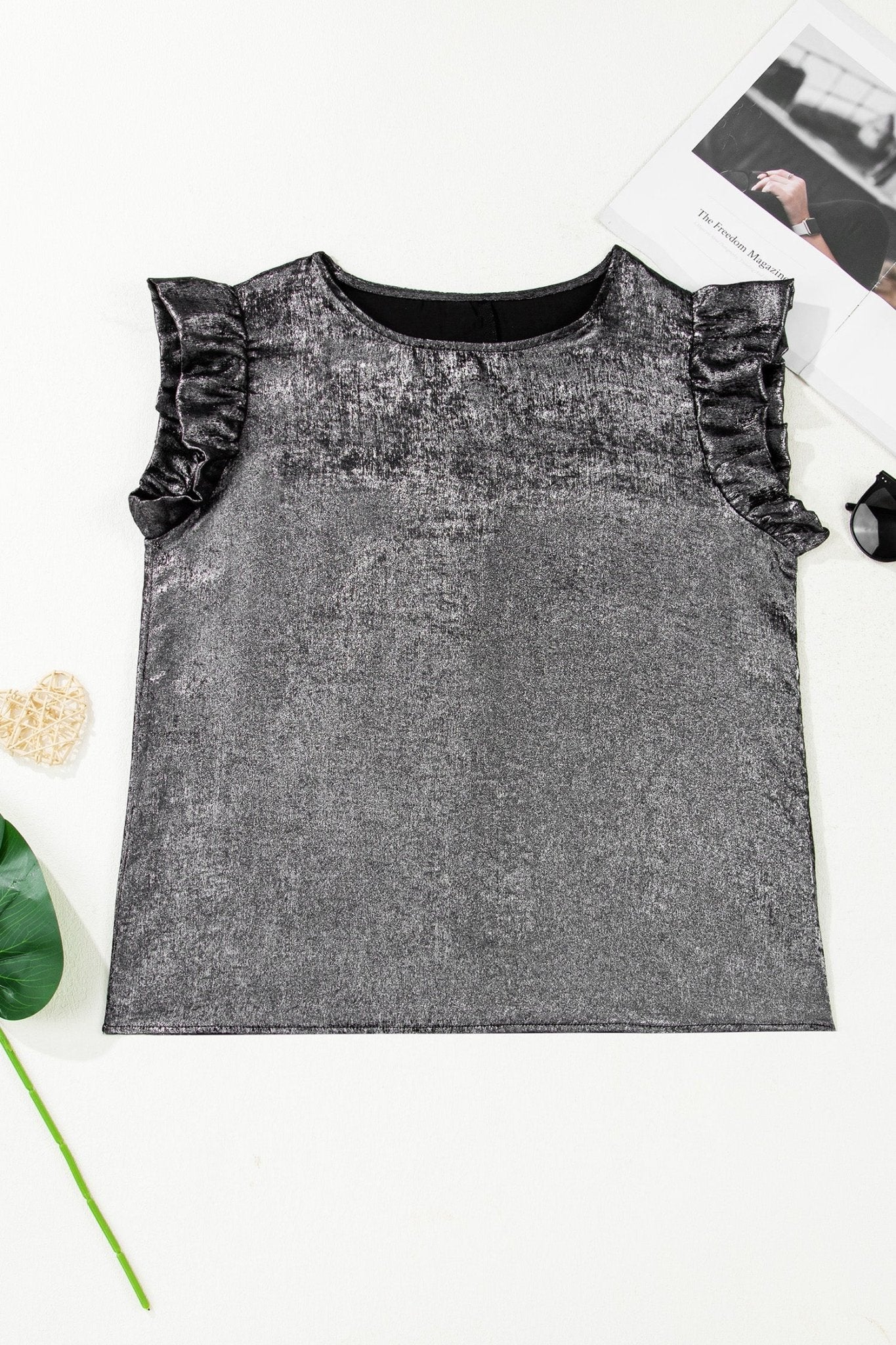 Metallic Ruffle Trim Sleeveless Round Neck Top - Rooted & Reckless Co.