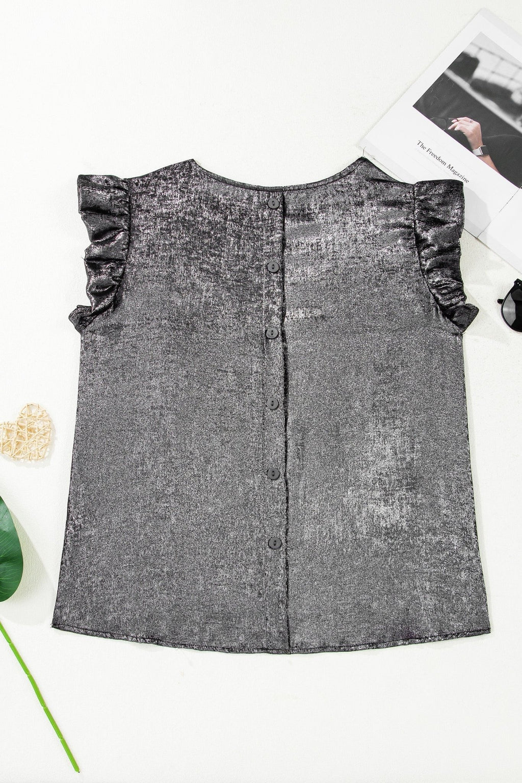 Metallic Ruffle Trim Sleeveless Round Neck Top - Rooted & Reckless Co.